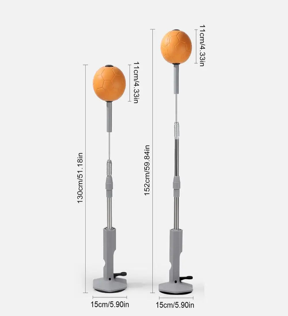 Two adjustable stands with orange balls on a white background, showing measurements.