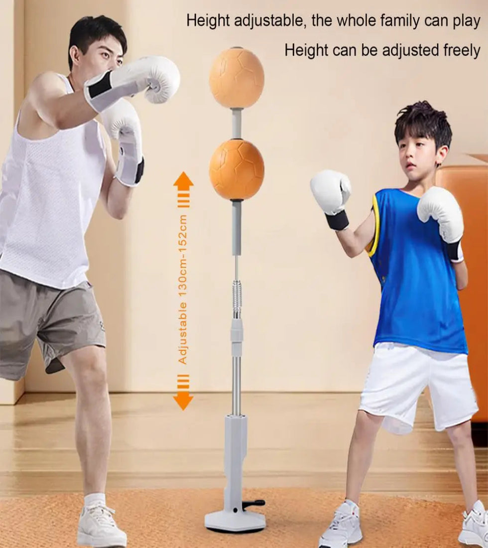 Two people practicing boxing with an adjustable punching bag stand.
