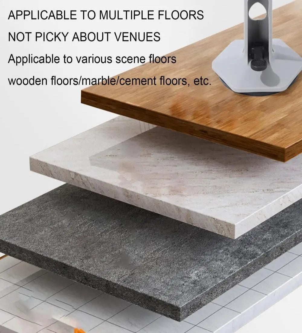 Three different types of flooring materials on a stand with text indicating versatility.