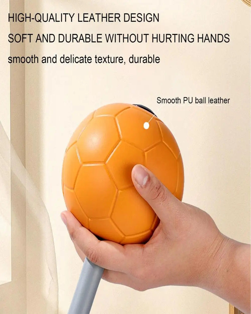 Orange ball held by a hand with text about its high-quality leather design.